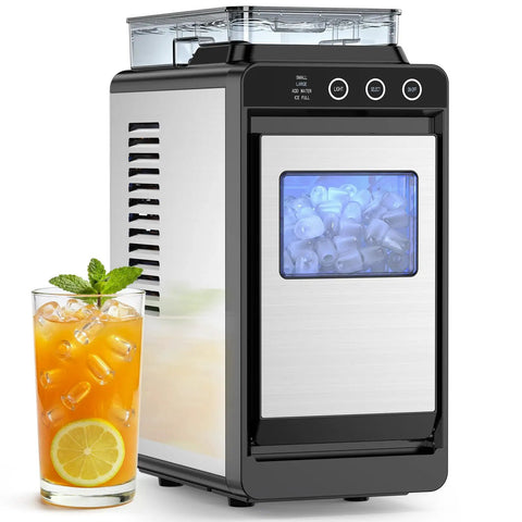 Countertop Portable Ice Maker With External Water Tank showcasing ice cubes and juice glass beside ultra quiet machine
