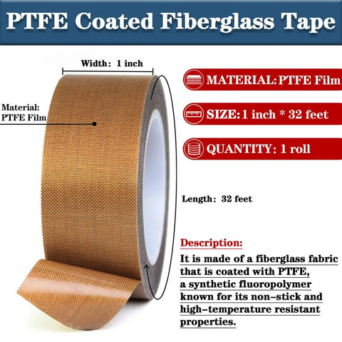 PTFE Coated Fiberglass Tape 1 inch x 32 feet roll with material and size details displayed on label