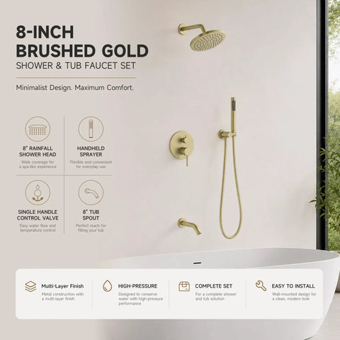 Totally Fire Premium All Metal Shower Faucet Set With Warm Gold Tone Eight Inch Rain Showerhead Curved Tub Spout Rust Proof Bathroom Hardware Upgrade