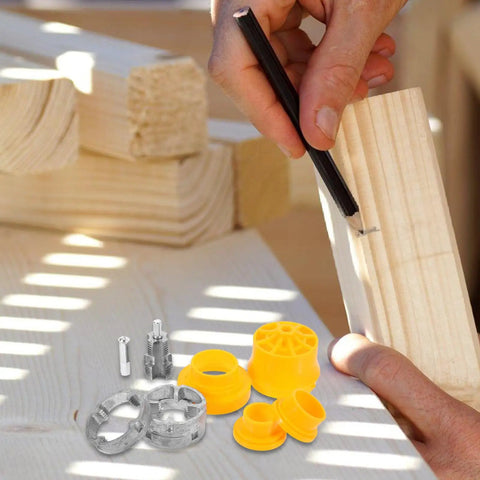 Heavy Duty 1/2 And 3/4 Inch Pipe Threader Kit For Water Pipes on a work table with wooden beams and yellow adapters.