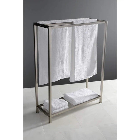 Edenscape Freestanding Towel Rack Brushed Nickel with three 24-inch bars and bottom storage displaying white towels in bathroom setting