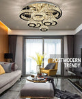 Serious Glow Up Round Ceiling Light With High End LED Crystal Chandelier And Dimmable Pendant Fixture, 100cm Diameter above modern living room.