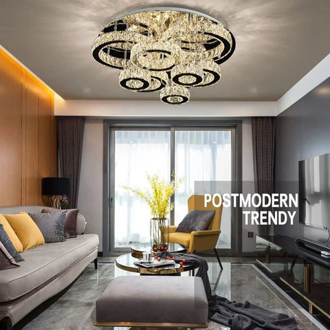 Serious Glow Up Round Ceiling Light With High End LED Crystal Chandelier And Dimmable Pendant Fixture, 100cm Diameter above modern living room.