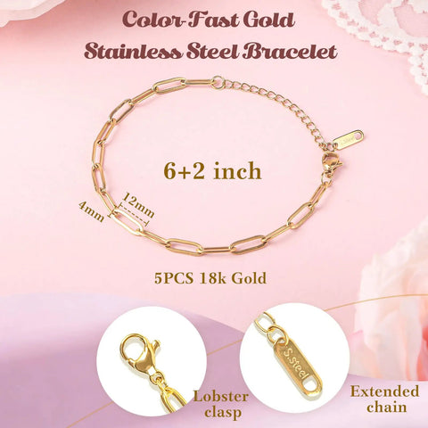 Stainless Steel Gold Charm Bracelet Making Kit For Beginners DIY Jewelry Craft Set with a 6+2 inch paperclip chain bracelet.
