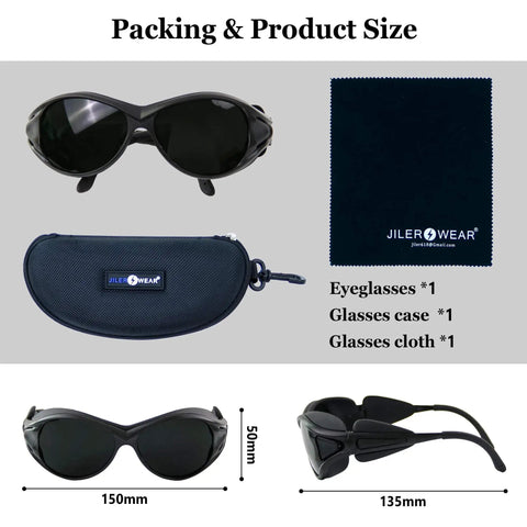 High End Red Light Therapy Goggles for Laser and Infrared Eye Safety with Side Shields, showing packing and product dimensions.