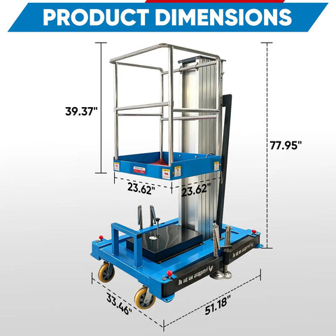 Slick Electric Hydraulic Single Mast Lift with dimensions of 39.37in height and 26.25ft max platform for overhead repair jobs.