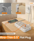 Heavy Duty 6 Ft Surge Protector Power Strip With Six Usb Ports And Sixteen Widely Spaced Ac Outlets For Home Office Setup, showing flat plug and smartphone charging.
