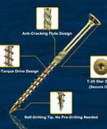 Heavy Duty Yellow Zinc Plated Deck Screws Number 10 By 2 1/2 Inch With Torx Star Drive highlighted features and design.