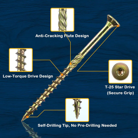 Heavy Duty Yellow Zinc Plated Deck Screws Number 10 By 2 1/2 Inch With Torx Star Drive highlighted features and design.