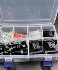 Get This Super Duper Weather Pack Connector Kit With 5 Sets Of 4 Pin Plugs And Female Receptacles Plus Terminals And Seals For Easy Wire Job in plastic case