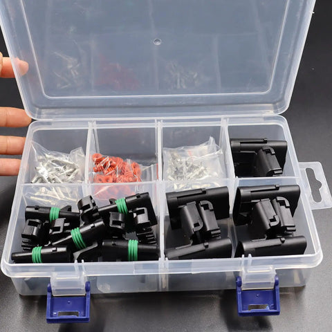 Get This Super Duper Weather Pack Connector Kit With 5 Sets Of 4 Pin Plugs And Female Receptacles Plus Terminals And Seals For Easy Wire Job in plastic case