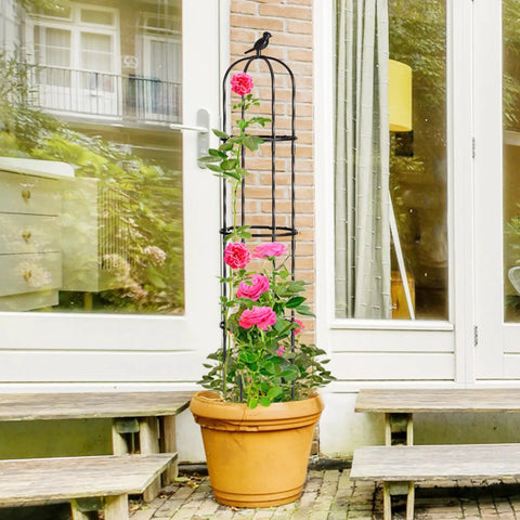 Garden Obelisk Trellis For Climbing Plants, 67-Inch Tall, 2 Pack in use with roses in planter, black tubular steel design