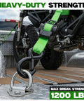 Heavy Duty Retractable Ratchet Straps Four Pack With Dual Pawl Lock One Inch By Eleven Feet, securing motorcycle in truck bed.