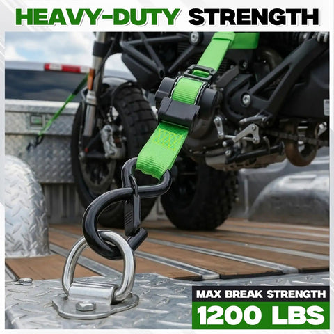 Heavy Duty Retractable Ratchet Straps Four Pack With Dual Pawl Lock One Inch By Eleven Feet, securing motorcycle in truck bed.