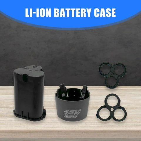 Built Tough 12V Drill Battery Shell Case Replacement For Cordless Power Tool Housing And Blower Lithium Battery Cover Upgrade with components on wood surface.