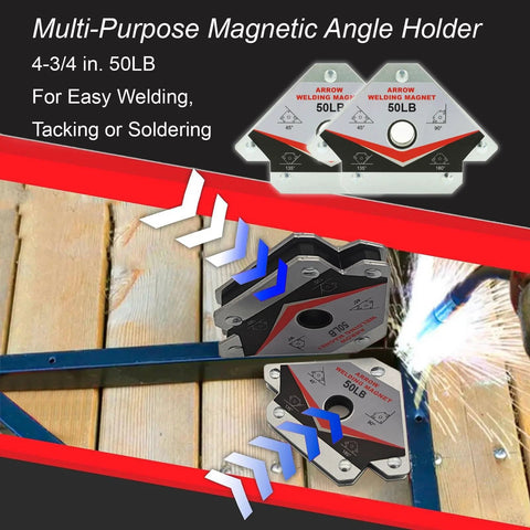 2-pack magnetic angle holders, 4-3/4 in, 50 lb capacity, silver and black metal for welding (front view)