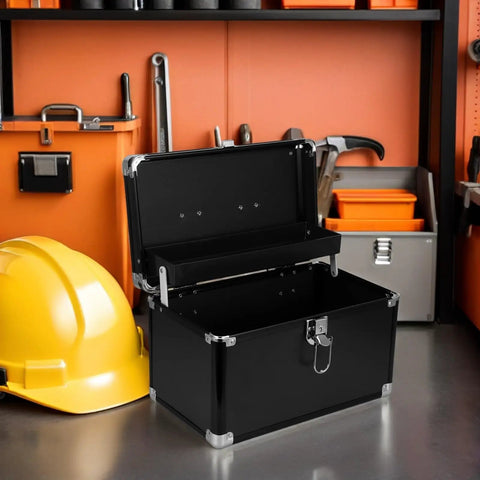 Portable Aluminum Tool Box With Ergonomic Handle And 2 Layer Sealed Clasp, open on a workbench with tools and helmet nearby.