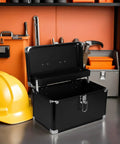 Premium Aluminum Double Layer Tool Box Featuring Rock Solid Sealed Latches And Heavy Duty Corner Guards For Hella Secure Equipment Storage And Nifty Workshop Organization with open lid and black finish.