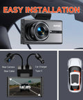 4K and 1080P Dual Dash Cam With 3.6 Inch IPS Touch Screen, rear camera, and easy installation shown inside car.