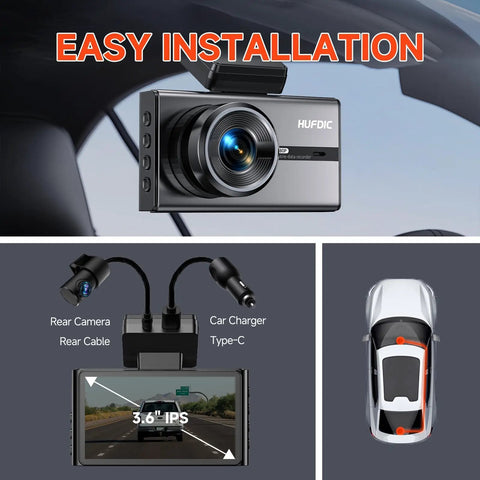 4K and 1080P Dual Dash Cam With 3.6 Inch IPS Touch Screen, rear camera, and easy installation shown inside car.