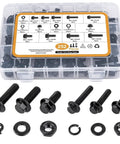 252 Piece M6 M8 Grade Ten Point Nine Hex Flange Head Bolts Nuts Flat Washers Lock Washers Black Zinc Plated Alloy Steel Metric Fastener Set For Auto Repair And Machinery Modifications DIY Friendly in packaging with sample pieces shown