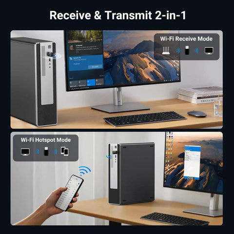 WiFi 6 USB Adapter AX900 For Desktop PC Dual Band 5GHz And 2.4GHz With Built-In Driver For Windows 10 And 11 showing receive and transmit modes.