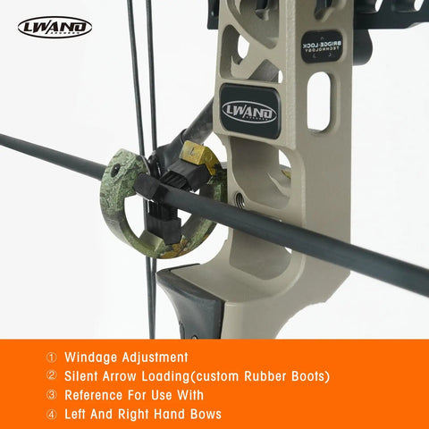 Whisker Biscuit Arrow Rest For Compound And Recurve Bows, capture brush design, mounted on camouflage bow, ambidextrous use.