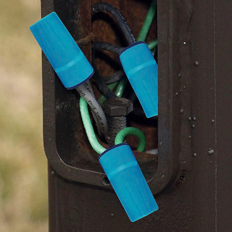 DryConn Aqua Series Blue Wire Connector for outdoor splices shown in pole box, waterproof and corrosion proof.