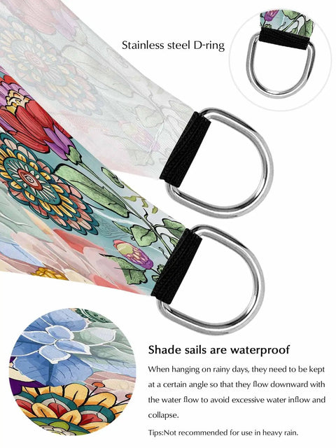 Close-up of Boho Floral 8x10 Ft Sun Shade Sail Canopy Patio Ready Backyard Friendly Garden with stainless steel D-rings