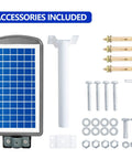 300W Outdoor Solar Street Light With Motion Sensor Dusk To Dawn 6500K Super Bright Flood Light IP65 Waterproof shown with accessories
