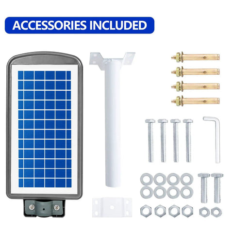 300W Outdoor Solar Street Light With Motion Sensor Dusk To Dawn 6500K Super Bright Flood Light IP65 Waterproof shown with accessories