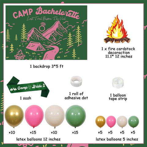 Camp Bachelorette Balloon Garland Arch Kit With Sage Green Backdrop And Sash for hiking bridal party decor