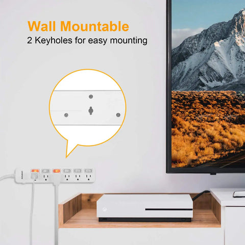 Wall-mounted Heavy Duty 6 Outlet Power Strip With Individual On Off Switches, 8 Foot Flat Plug Extension Cord, Safe Surge Protector