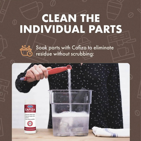 Professional Espresso Machine Cleaning Powder For Backflush And Deep Cleaning Removes Coffee Oils And Residues From Group Heads Valves And Lines 566 Grams Two Pack Made In USA For Daily Use shown being used to clean espresso machine parts in a container.