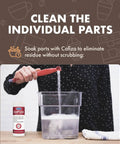 Person using Professional Espresso Machine Cleaner Powder Kit 566 Grams Three Pack for soaking espresso parts.