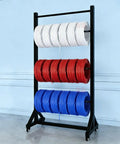 Heavy Duty Mobile Wire Coil Storage Organizer Rolling Cart With Thick Steel Frame holding red, blue, and white cables.