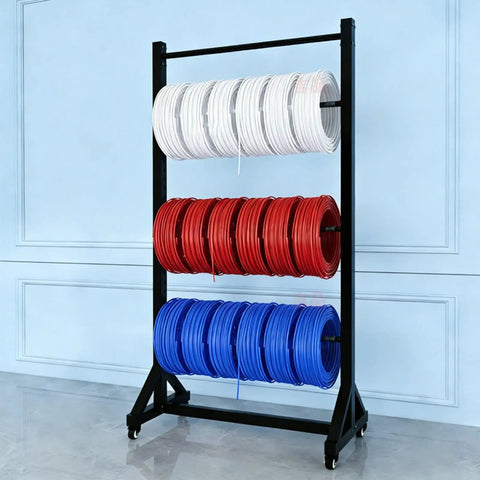 Heavy Duty Mobile Wire Coil Storage Organizer Rolling Cart With Thick Steel Frame holding red, blue, and white cables.