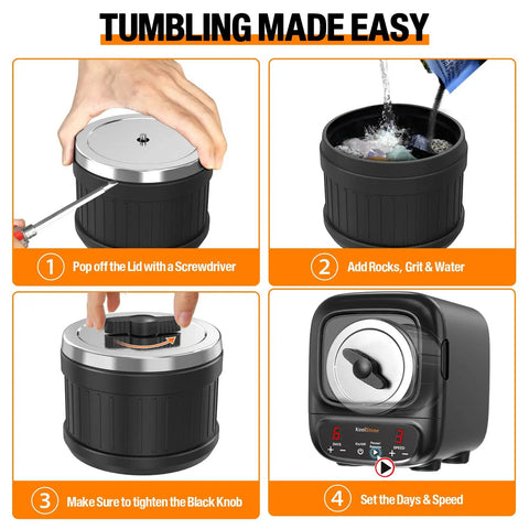 Steps to use Pro Max Rock Tumbler Kit With 3Lb Capacity, Brushless Motor including lid removal, rock adding, knob tightening, speed setting.