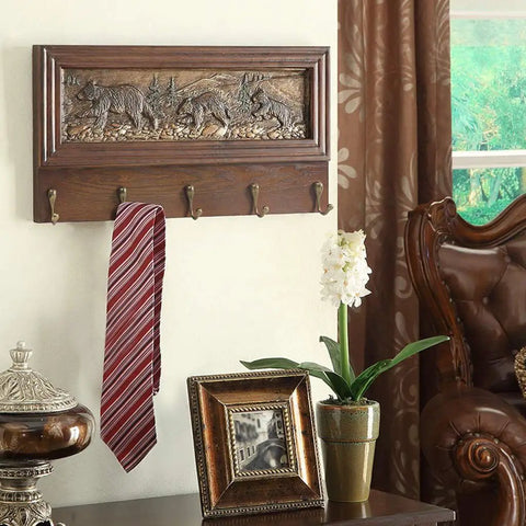 Bad Ass Wall Mounted Coat Rack With Thick Wood Body And Heavy Zinc Alloy Hooks Ultimate Mudroom Flex Storage, holding a striped tie.