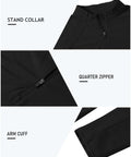 Women's Long Sleeve Quarter Zip Stand Collar Athletic Shirt With Moisture Wicking Tech For Golf Tennis Training And Everyday Wear Black XL, collar, zipper, arm cuff detail.