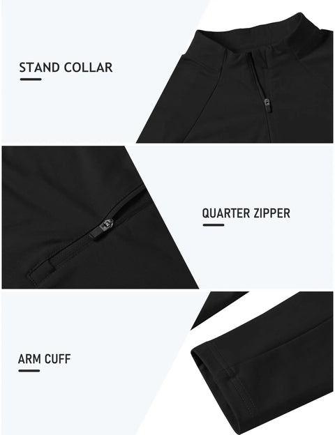 Women's Long Sleeve Quarter Zip Stand Collar Athletic Shirt With Moisture Wicking Tech For Golf Tennis Training And Everyday Wear Black XL, collar, zipper, arm cuff detail.