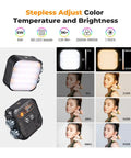 RGB Video Light 360 Degree Full Color Portable Photography Light For Vlogging And Selfies With 21 Effects 2500K To 9900K Cri 96 Plus LED Camera Light Go-To Setup For Cameras 2000mAh Rechargeable Battery Black with stepless adjust feature shown in comparisons at different color temperatures from 2500K to 9900K.