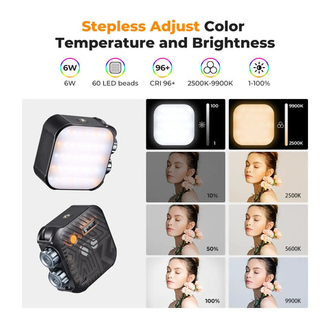 RGB Video Light 360 Degree Full Color Portable Photography Light For Vlogging And Selfies With 21 Effects 2500K To 9900K Cri 96 Plus LED Camera Light Go-To Setup For Cameras 2000mAh Rechargeable Battery Black with stepless adjust feature shown in comparisons at different color temperatures from 2500K to 9900K.