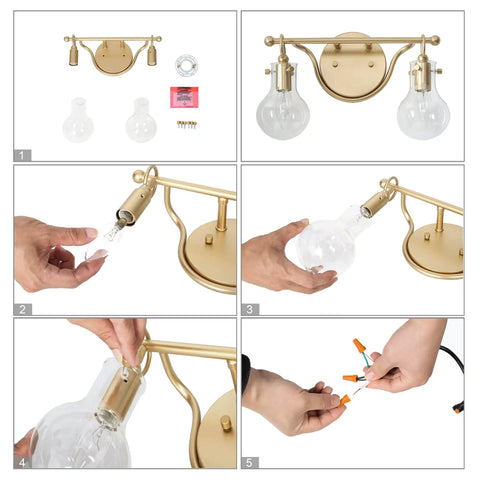 Assembly steps of Two Light Gold Vanity Light With Clear Glass Shades for Bathroom, showing fixture parts and wiring process.