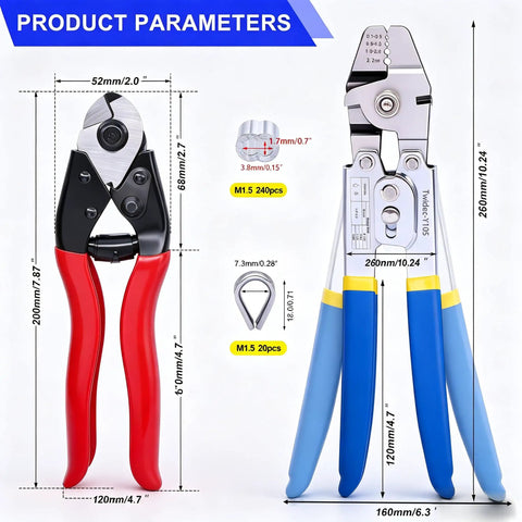 Beefy Heavy Duty Wire Rope Crimping Tool Kit Up To Two Point Two Millimeter With tool dimensions and specifications