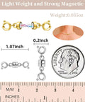 Magnetic Necklace Clasps And Closures Set With Double Open Bracelet Extender, gold and silver, shown with coin for scale.