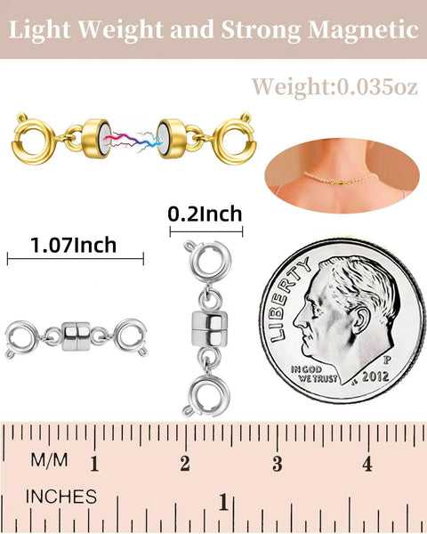 Magnetic Necklace Clasps And Closures Set With Double Open Bracelet Extender, gold and silver, shown with coin for scale.