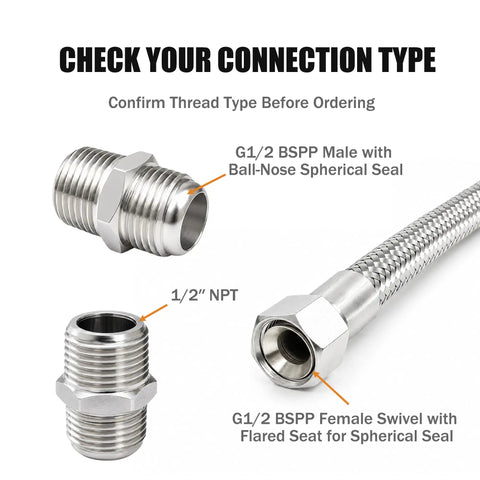 High Grade Top Shelf Air Compressor Jumper Hose 1/2 Inch Npt X 20 Inch Flexible Braided Tube with connection types and fittings.