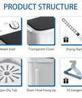 Product structure of Compact Portable Washing Machine Featuring Heavy Duty Motor And Rapid Clean Cycle With Free Drying Rack Ten Sturdy Hangers.
