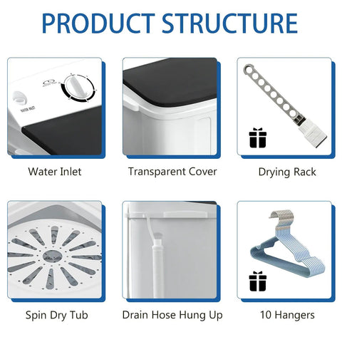 Product structure of Compact Portable Washing Machine Featuring Heavy Duty Motor And Rapid Clean Cycle With Free Drying Rack Ten Sturdy Hangers.